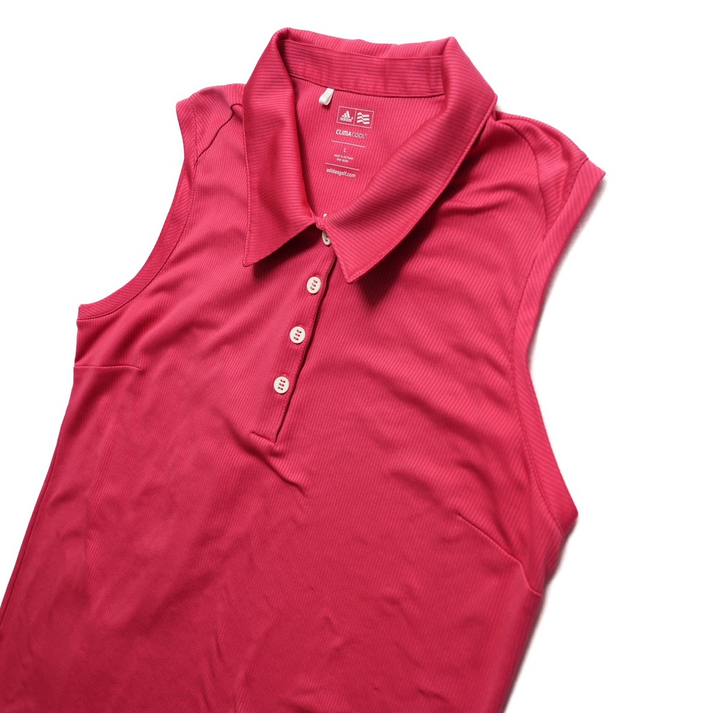 Adidas ClimaCool Sleeveless Golf Polo Shirt Women Large Pink Ribbed Three Stripe